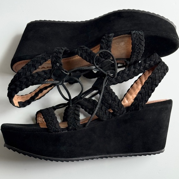 Trask Black Suede Platform Braided Wedge Lace-Up Sandals Size 11 - Picture 7 of 11